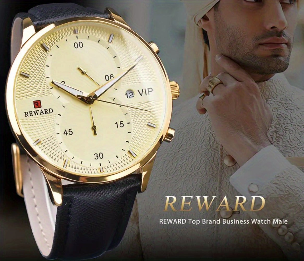 Men's Quartz Watch - 's with PU Leather Strap, Date & Stopwatch Gift Box Included | Golden & - product detail view 14