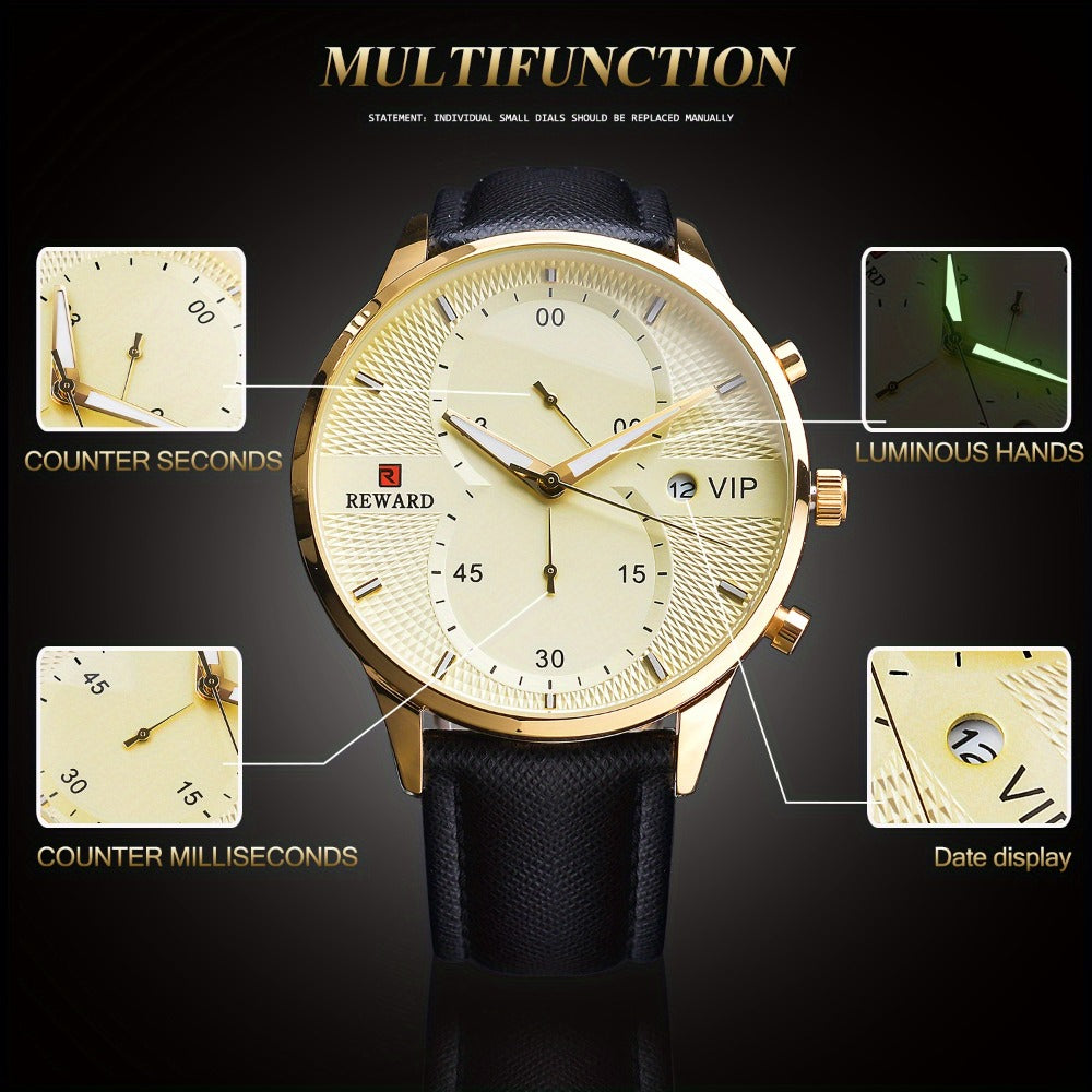 Men's Quartz Watch - 's with PU Leather Strap, Date & Stopwatch Gift Box Included | Golden & - product detail view 16
