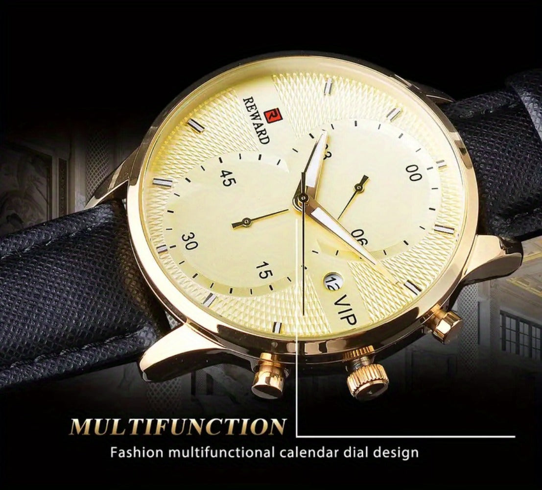 Men's Quartz Watch - 's with PU Leather Strap, Date & Stopwatch Gift Box Included | Golden & - product detail view 18