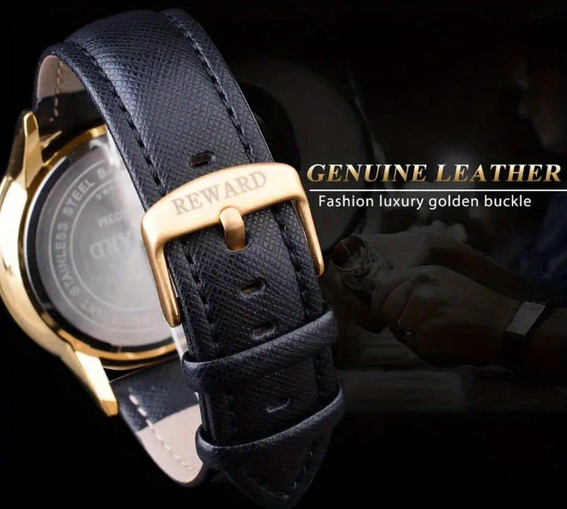 Men's Quartz Watch - 's with PU Leather Strap, Date & Stopwatch Gift Box Included | Golden & - product detail view 19