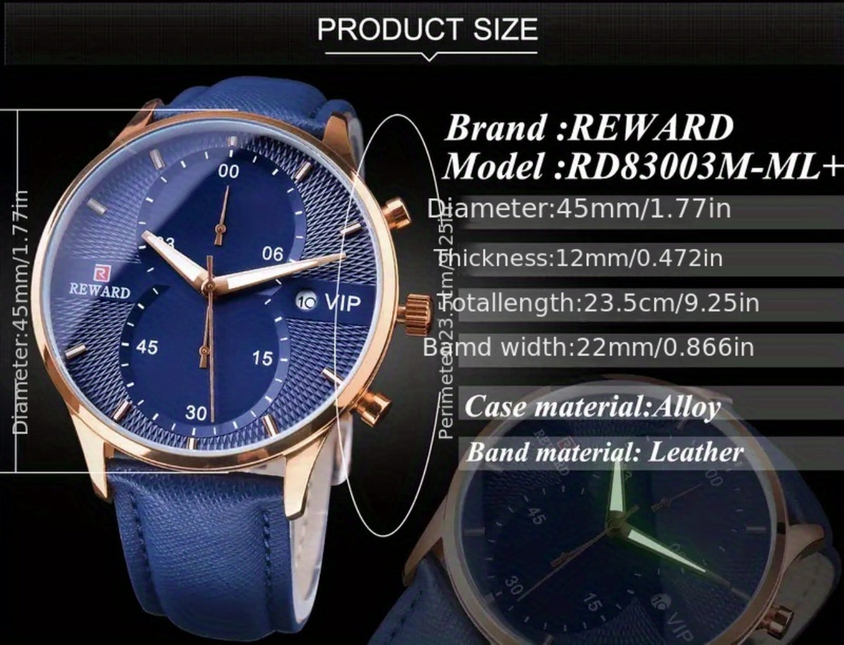 Men's Quartz Watch - 's with PU Leather Strap, Date & Stopwatch Gift Box Included | Golden & - product detail view 24