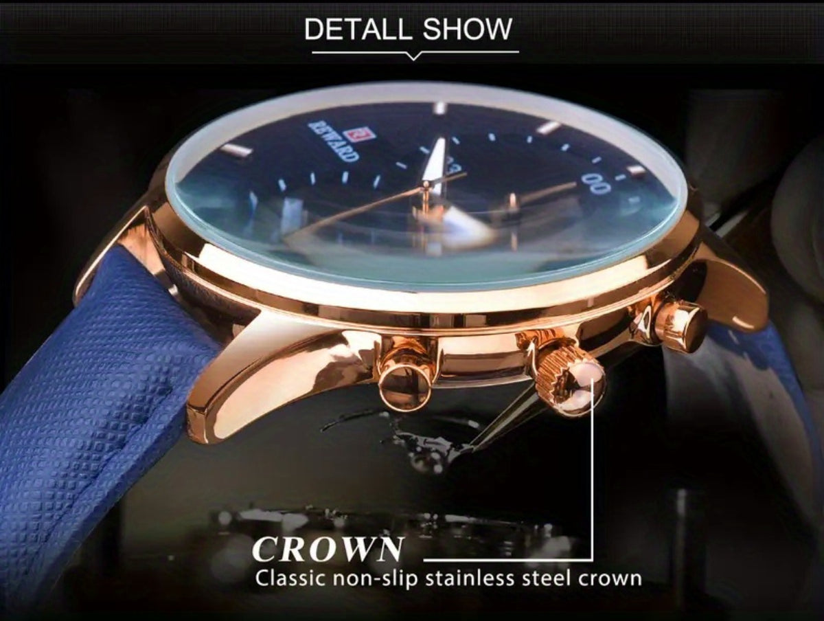 Men's Quartz Watch - 's with PU Leather Strap, Date & Stopwatch Gift Box Included | Golden & - product detail view 25