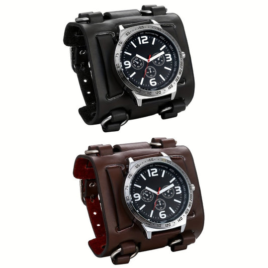 Men's Quartz Watch - 's Punk Rock Biker Wide Leather Strap, Three-Eye Dial, | Black & Brown - main product view