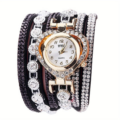 Women's Quartz Watch - 's Rhinestone Bracelet Multilayer Heart Dial Analog PU Leather Band - product detail view 17