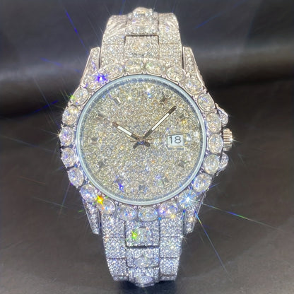 Men's Quartz Watch - 's Rhinestone Calendar Hip Hop Iced Out Business Luxury Couple Silver Gold - product detail view 10