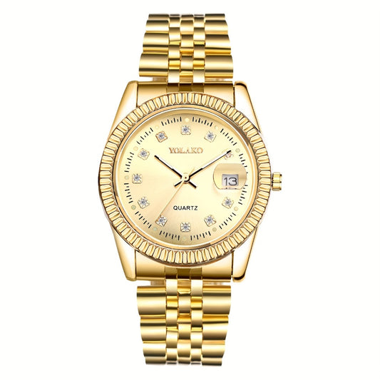 Men's Quartz Watch - 's Rhinestone with Luminous Hands & Date Display - Gold & Silver Tone - main product view