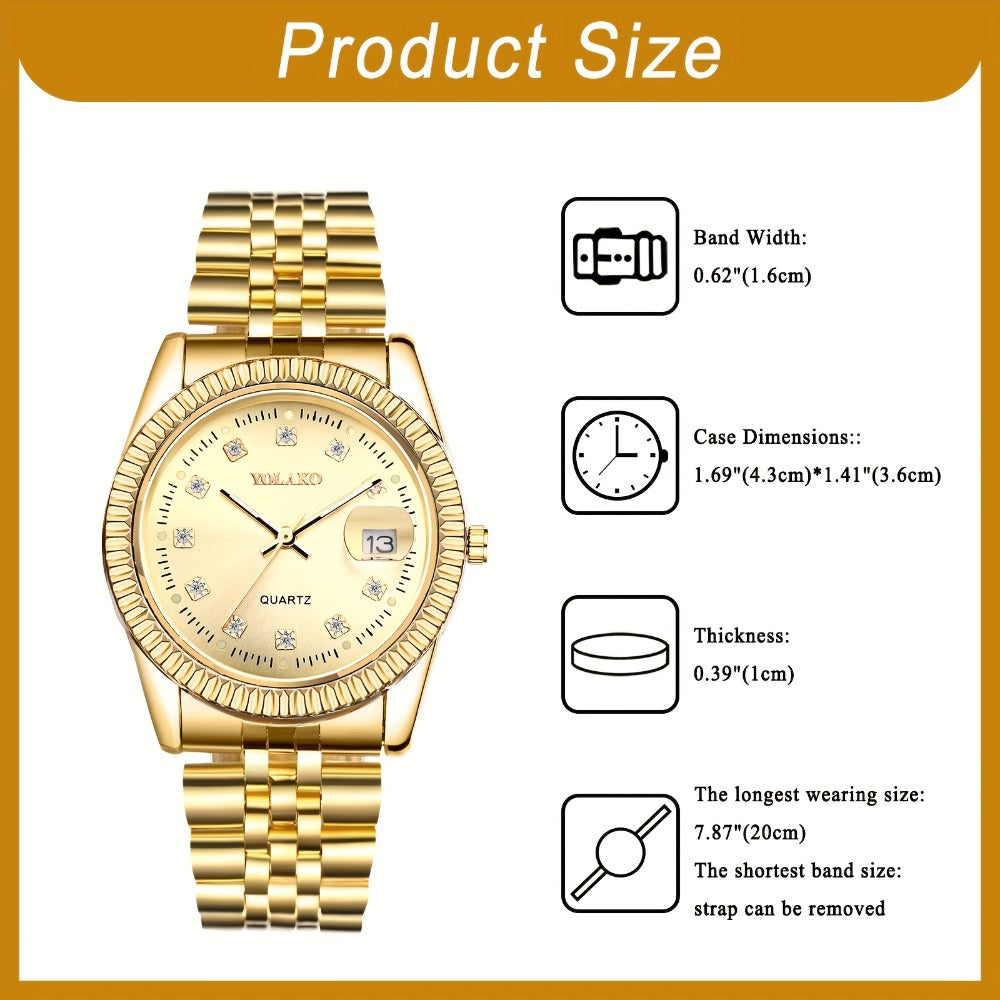 Men's Quartz Watch - 's Rhinestone with Luminous Hands & Date Display - Gold & Silver Tone - product detail view 2
