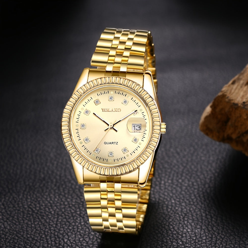 Men's Quartz Watch - 's Rhinestone with Luminous Hands & Date Display - Gold & Silver Tone - product detail view 3