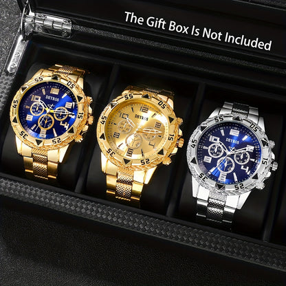 Men's Quartz Watch - 's Set 3 Piece Round Wristwatch Combo, Gold Silver Yellow Analog Watches - product detail view 6