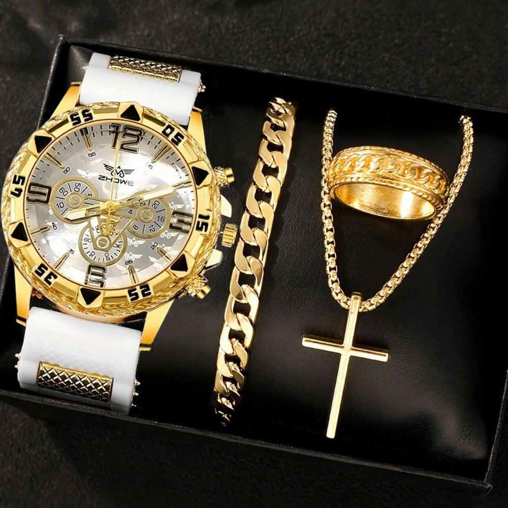 Men's Quartz Watch - 's Set 4 Piece Sport Analog Wristwatch, Alloy Case Silicone Strap Round - main product view