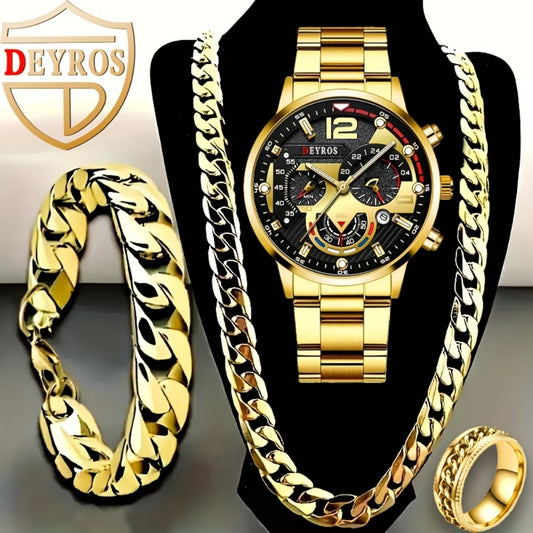 Men's Quartz Watch - 's Set 4pcs - Analog Wristwatch with Date Display, Alloy Case & Strap - main product view