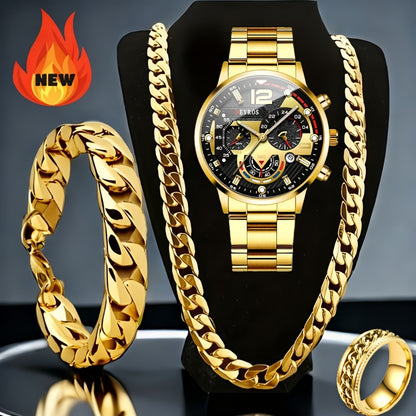 Men's Quartz Watch - 's Set 4pcs - Analog Wristwatch with Date Display, Alloy Case & Strap - product detail view 2