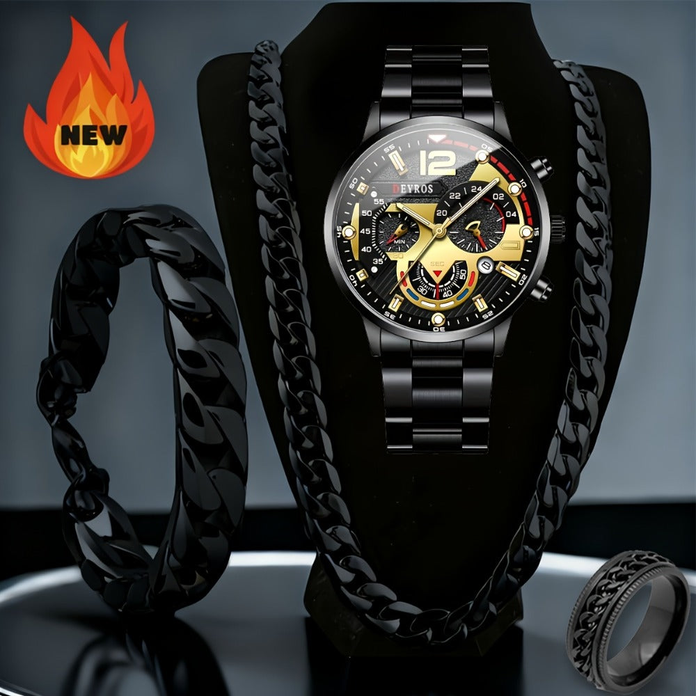 Men's Quartz Watch - 's Set 4pcs - Analog Wristwatch with Date Display, Alloy Case & Strap - product detail view 6