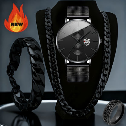 Men's Quartz Watch - 's Set 4pcs - Analog Wristwatch with Date Display, Alloy Case & Strap - product detail view 8