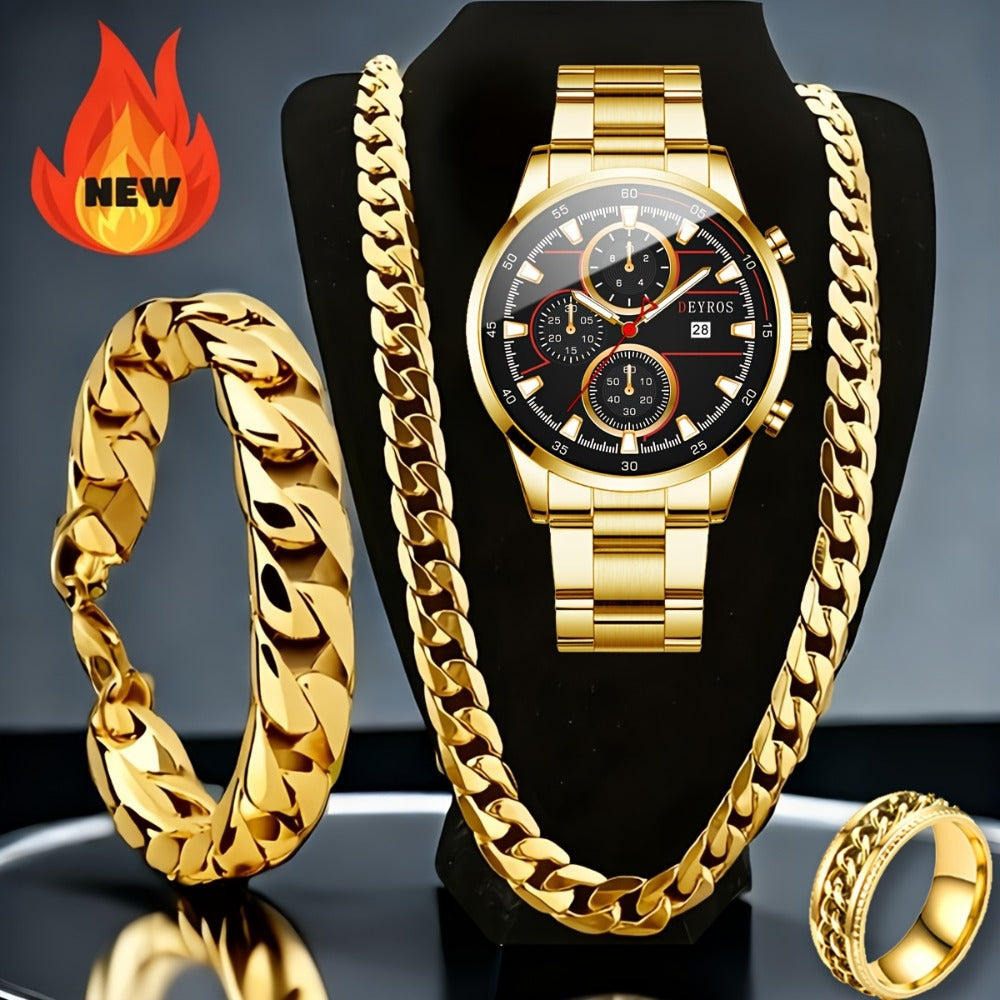 Men's Quartz Watch - 's Set 4pcs - Analog Wristwatch with Date Display, Alloy Case & Strap - product detail view 10