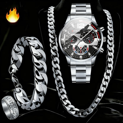 Men's Quartz Watch - 's Set 4pcs - Analog Wristwatch with Date Display, Alloy Case & Strap - product detail view 17