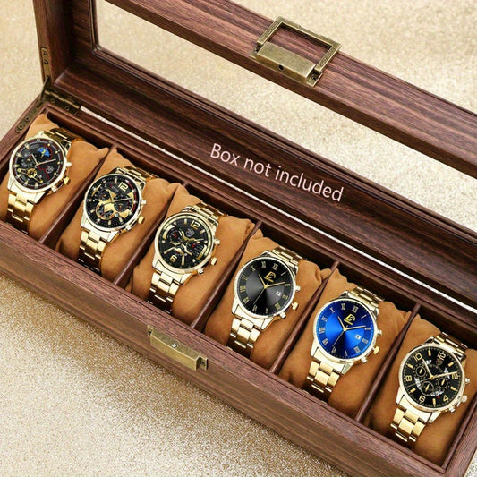 Men's Quartz Watch - 's Set 6pcs Luxury Business Wristwatch Golden Stainless Steel Date Display - main product view