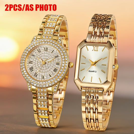 Women's Quartz Watch - 's Set of 2 Elegant Golden Wristwatch Duo for Ladies, Stylish Casual - main product view