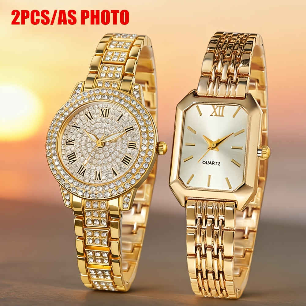 Women's Quartz Watch - 's Set of 2 Elegant Golden Wristwatch Duo for Ladies, Stylish Casual - product detail view 12