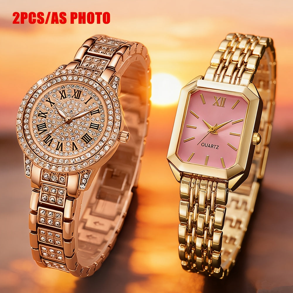 Women's Quartz Watch - 's Set of 2 Elegant Golden Wristwatch Duo for Ladies, Stylish Casual - product detail view 13