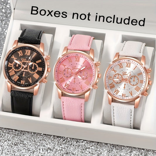 Women's Quartz Watch - 's Set of 3 Roman Numeral Watches - Trendy Round Face Ladies Wristwatch - main product view