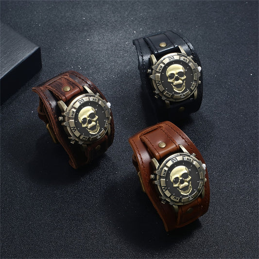 Men's Quartz Watch - 's Skull Steampunk Analog Wristwatch - Vintage Gothic Hollow Dial Wide - main product view