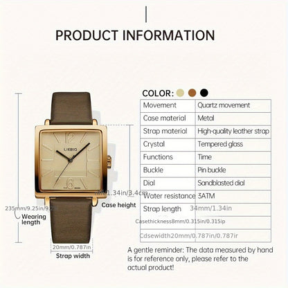 Women's Quartz Watch - 's Square Dial Elegant Classic Analog Wristwatch LIEBIG Coffee Golden - product detail view 5