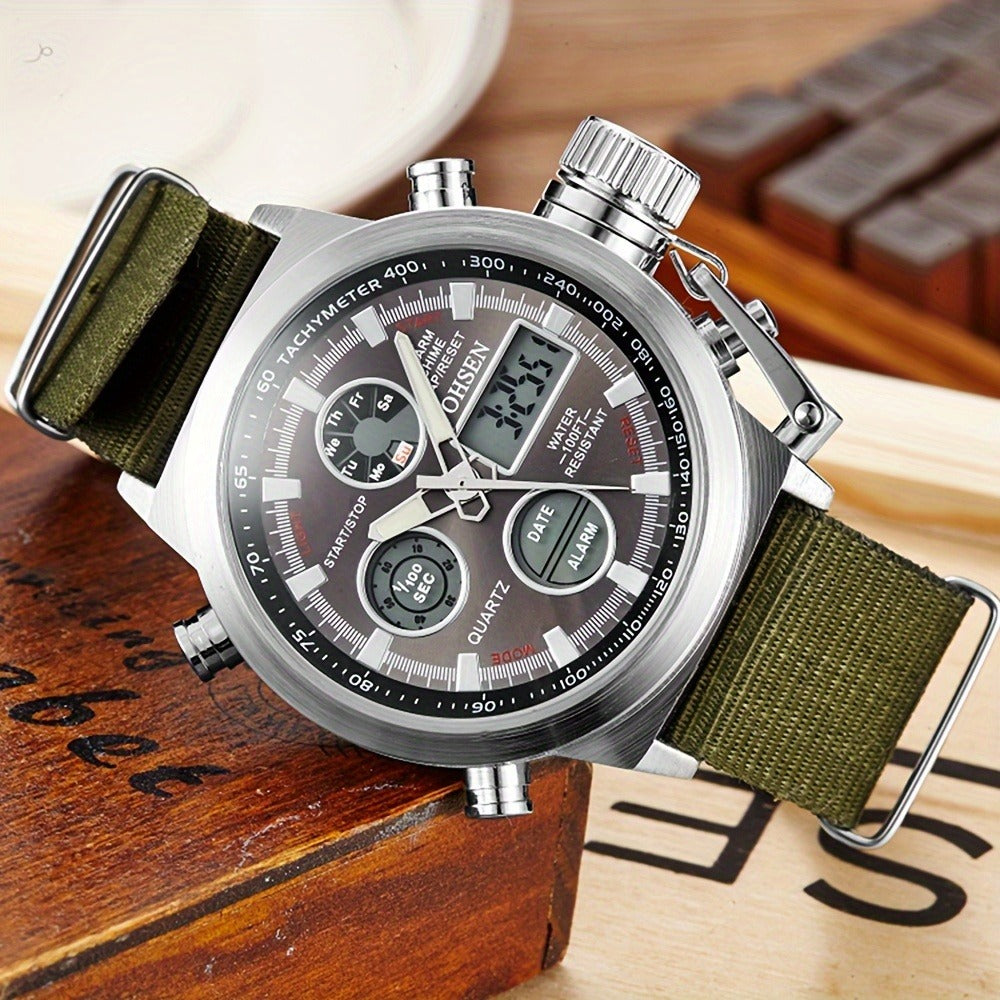 Men's Quartz Watch - 's Tactical Dual Time Army Green Analog & Digital Sports with Date - product detail view 6