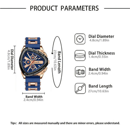 Men's Quartz Watch - 's Triangular Dial Unique Luxury Design, Silicone & Steel Band, Date - product detail view 6