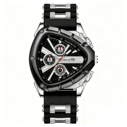 Men's Quartz Watch - 's Triangular Dial Unique Luxury Design, Silicone & Steel Band, Date - product detail view 7