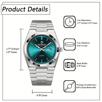 Men's Quartz Watch - 's Week & Date Calendar with Luminous Dial - Solid Stainless Steel Band - product detail view 2