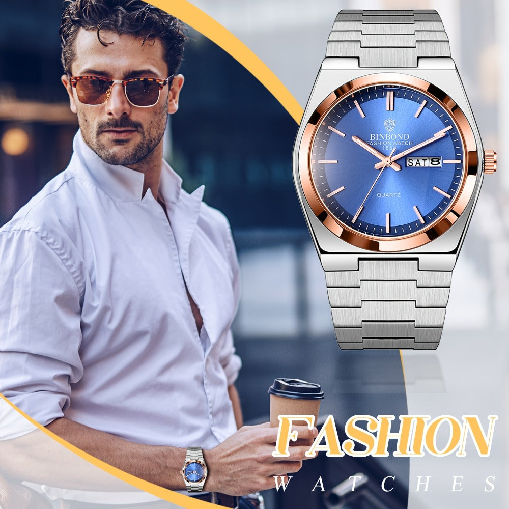 Men's Quartz Watch - 's Week & Date Calendar with Luminous Dial - Solid Stainless Steel Band - product detail view 7