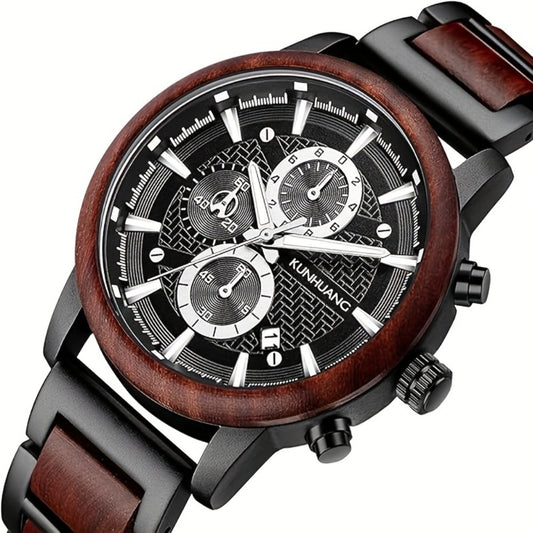 Men's Quartz Watch - 's Wooden Chronograph Handcrafted Wood & Stainless Steel Wristwatch with - main product view