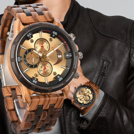 Men's Quartz Watch - 's Wooden | Luxury Multifunctional Wristwatch with Week, Calendar & Timer - main product view