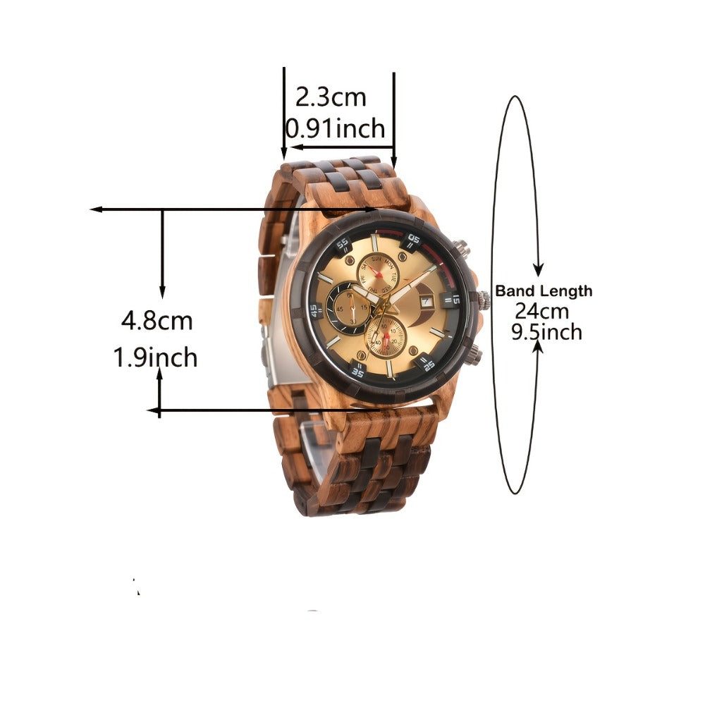 Men's Quartz Watch - 's Wooden | Luxury Multifunctional Wristwatch with Week, Calendar & Timer - product detail view 2