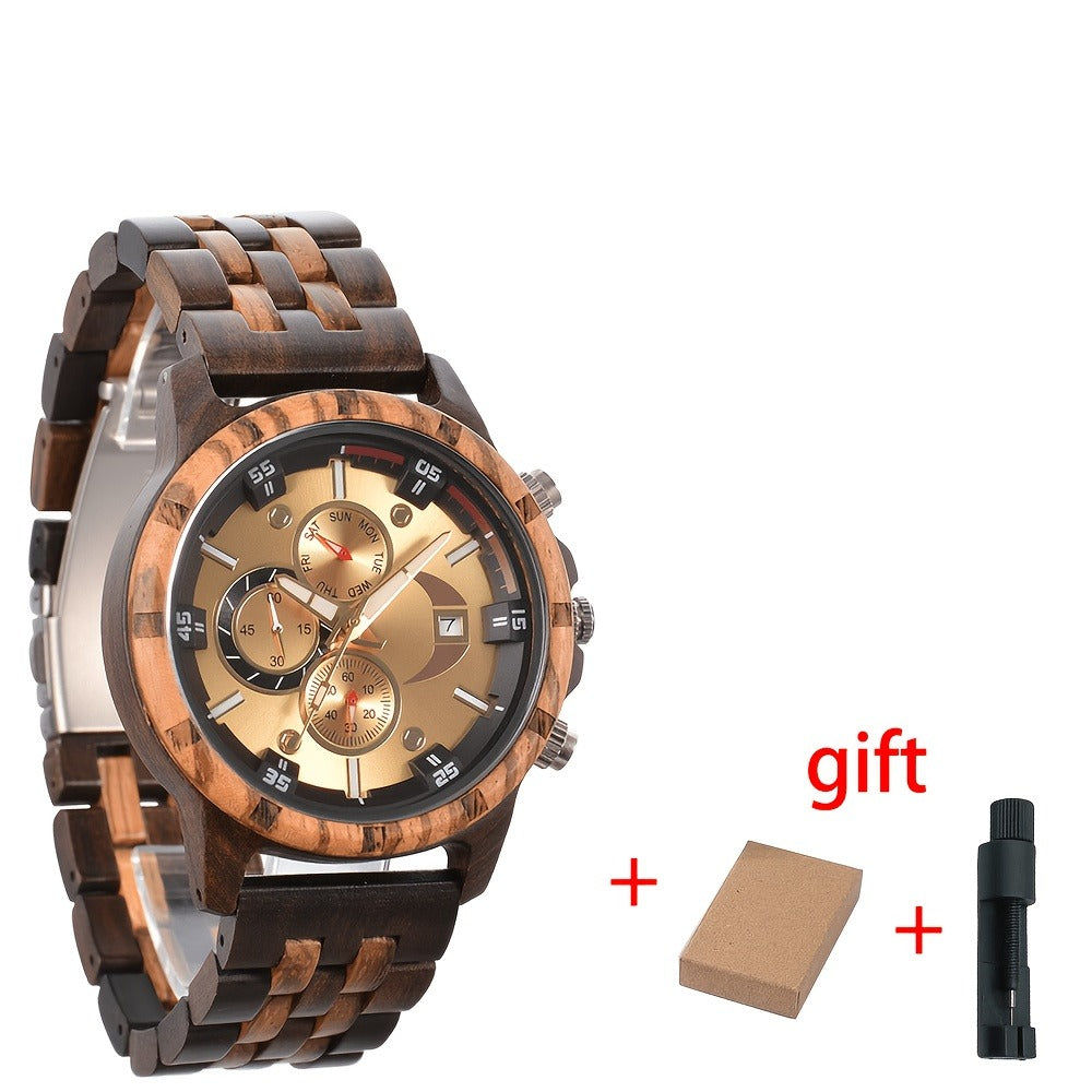 Men's Quartz Watch - 's Wooden | Luxury Multifunctional Wristwatch with Week, Calendar & Timer - product detail view 3