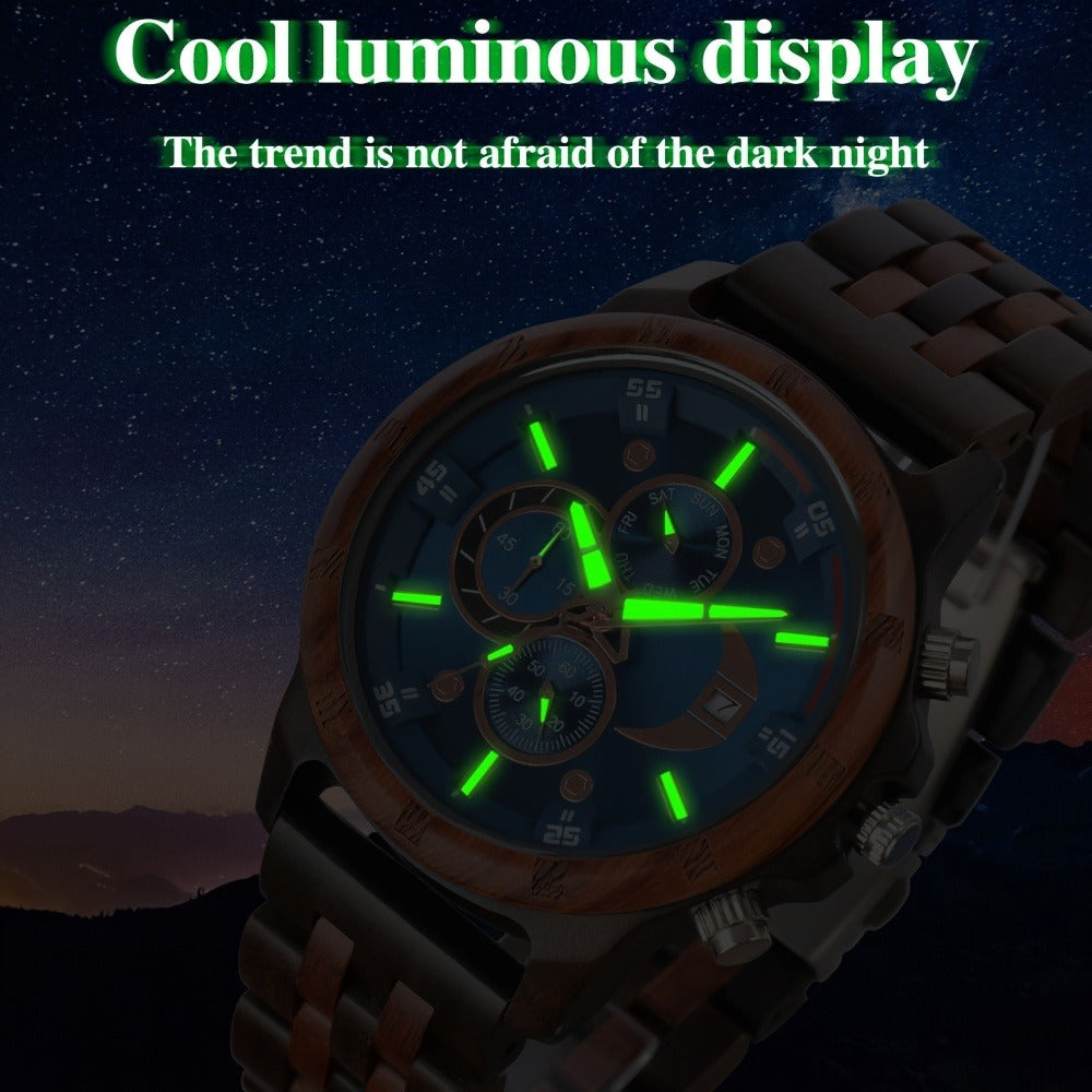 Men's Quartz Watch - 's Wooden | Luxury Multifunctional Wristwatch with Week, Calendar & Timer - product detail view 5