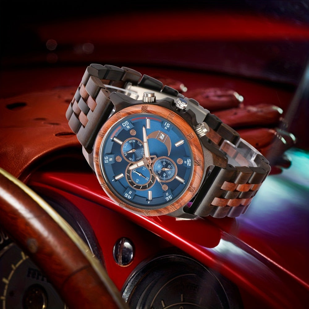 Men's Quartz Watch - 's Wooden | Luxury Multifunctional Wristwatch with Week, Calendar & Timer - product detail view 6
