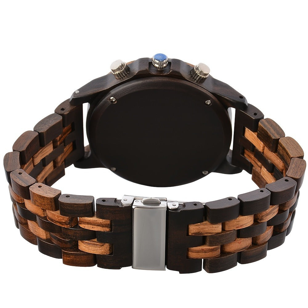 Men's Quartz Watch - 's Wooden | Luxury Multifunctional Wristwatch with Week, Calendar & Timer - product detail view 10