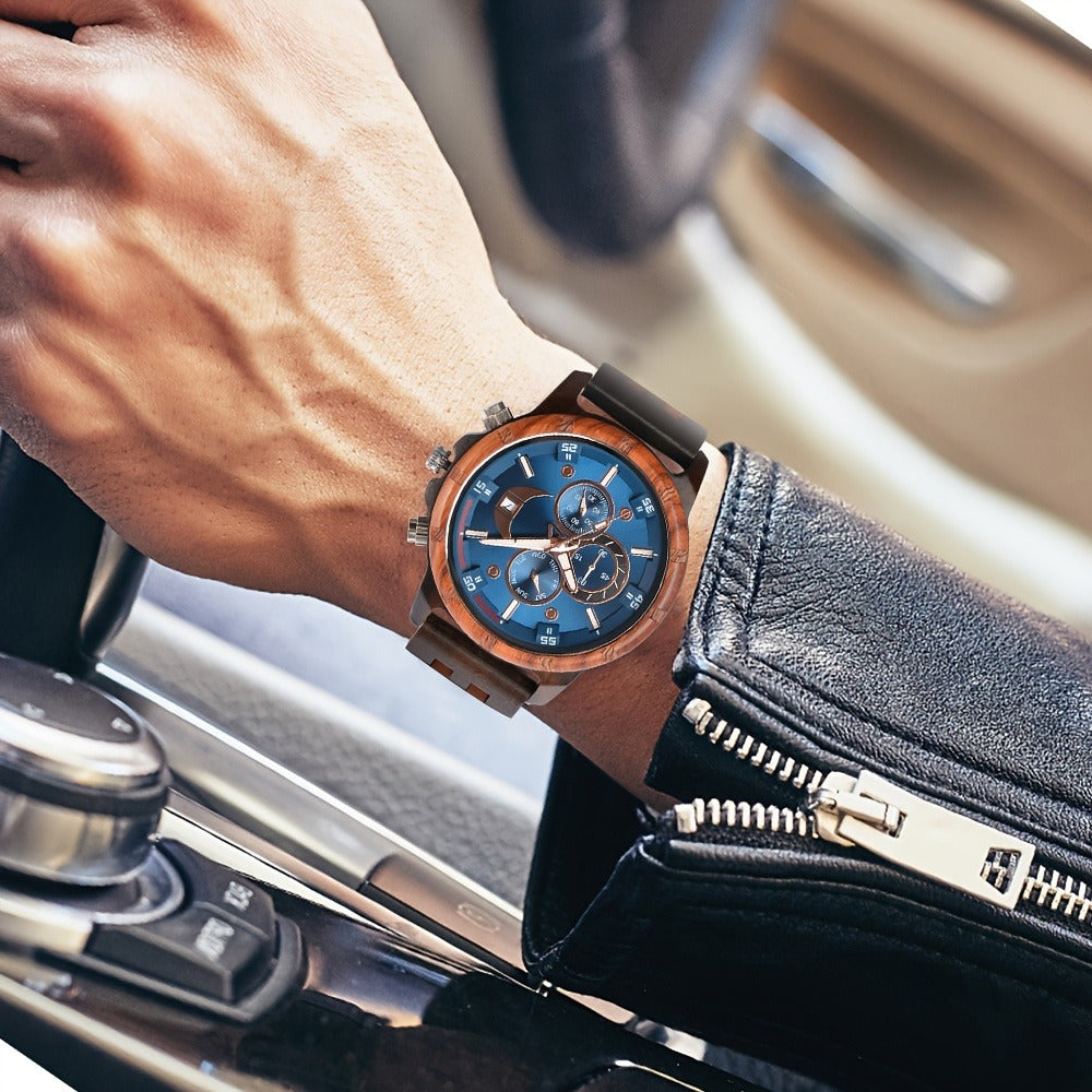 Men's Quartz Watch - 's Wooden | Luxury Multifunctional Wristwatch with Week, Calendar & Timer - product detail view 11