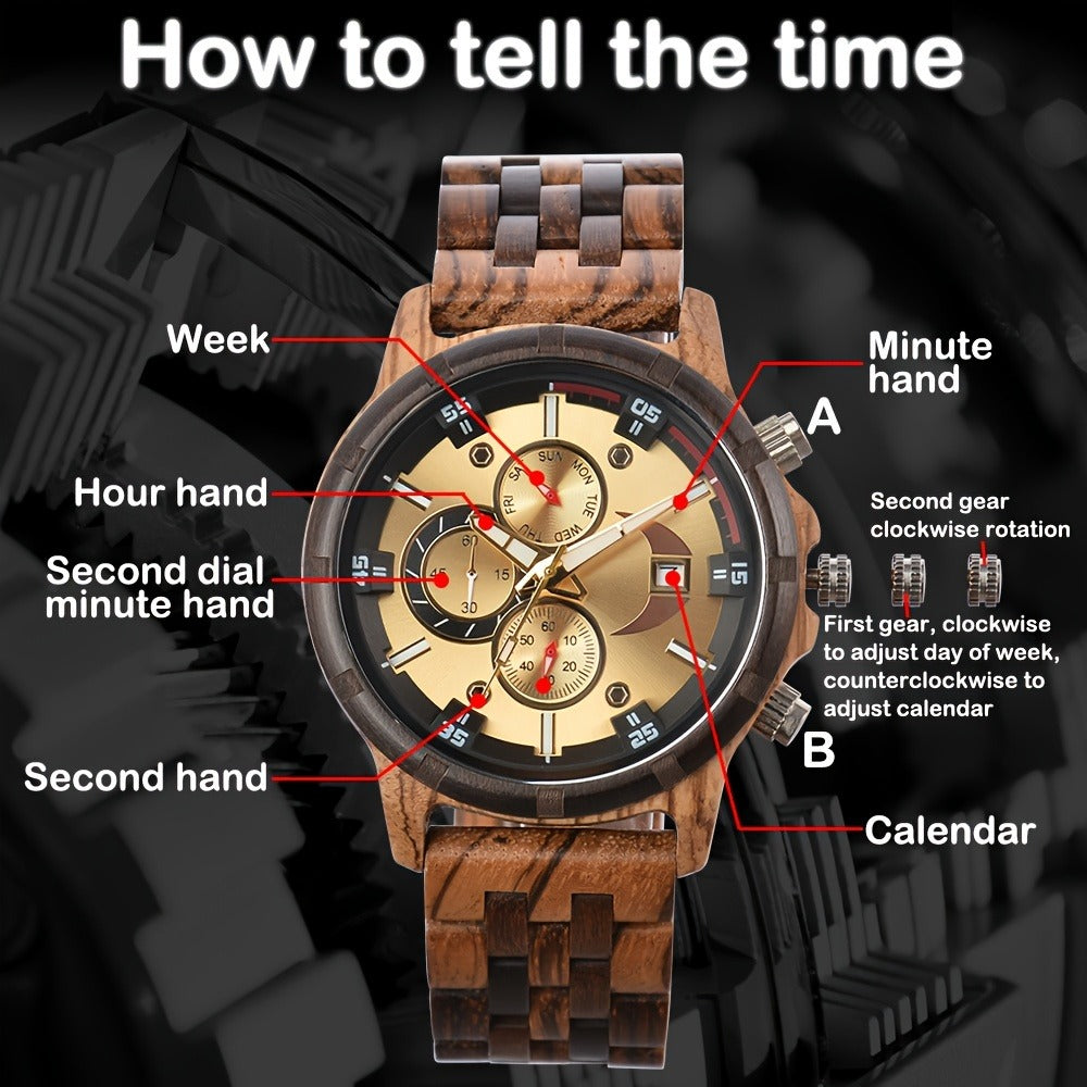 Men's Quartz Watch - 's Wooden | Luxury Multifunctional Wristwatch with Week, Calendar & Timer - product detail view 16