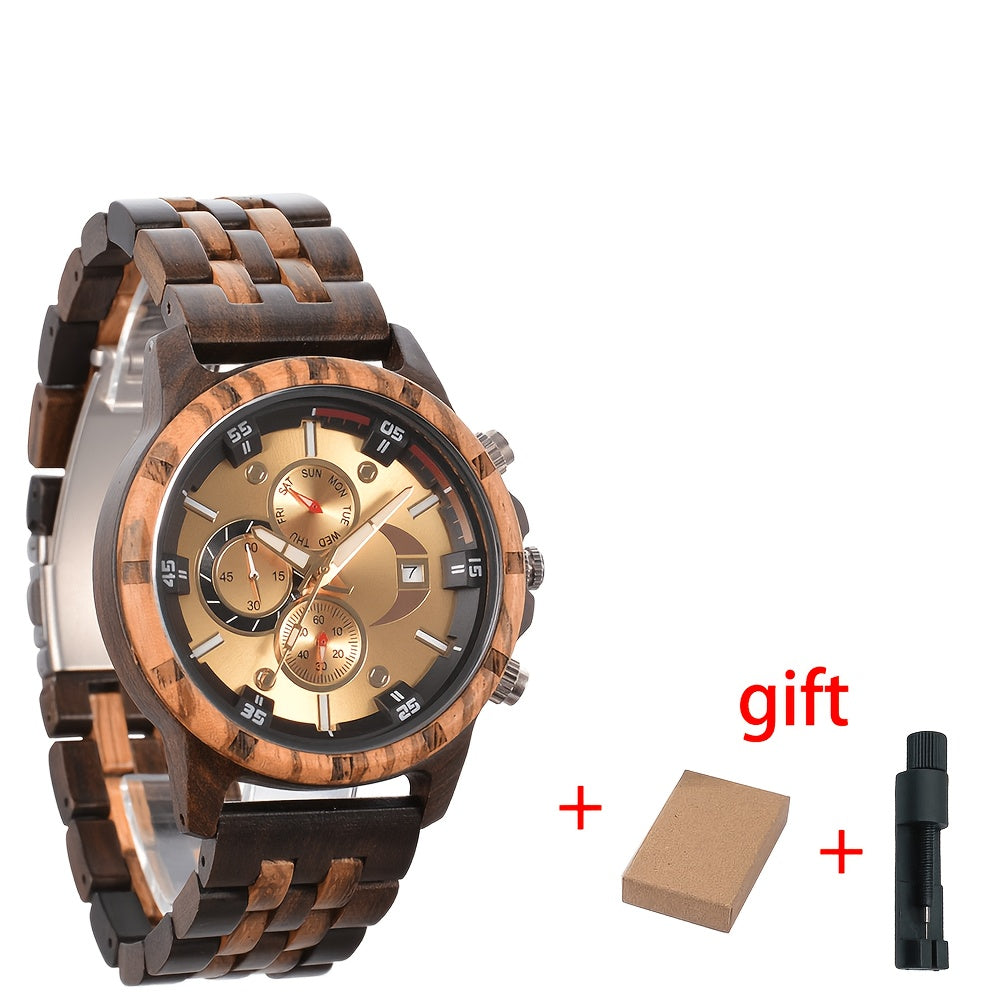 Men's Quartz Watch - 's Wooden | Luxury Multifunctional Wristwatch with Week, Calendar & Timer - product detail view 18