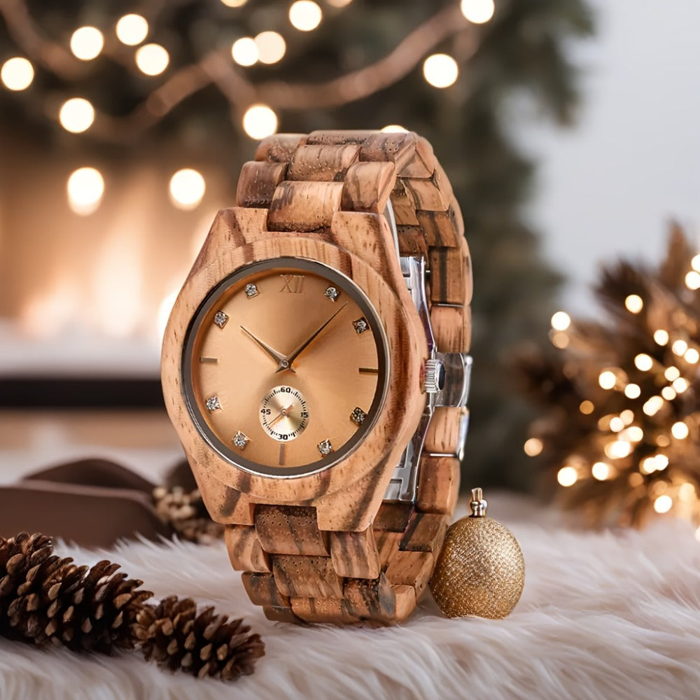 Women's Quartz Watch - 's Wooden Zebra Print Band Golden Tone Dial Rhinestone Accents Movement - main product view