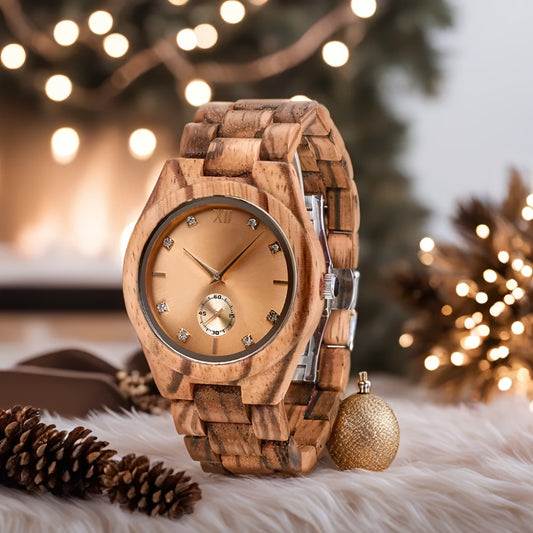 Women's Quartz Watch - 's Wooden Zebra Print Band Golden Tone Dial Rhinestone Accents Movement - main product view
