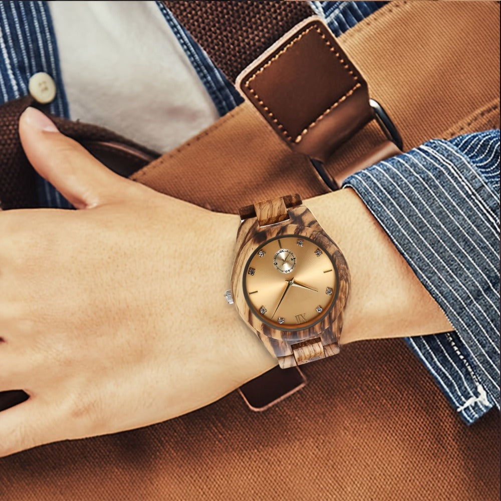 Women's Quartz Watch - 's Wooden Zebra Print Band Golden Tone Dial Rhinestone Accents Movement - product detail view 2