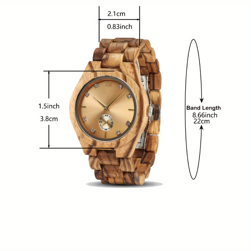 Women's Quartz Watch - 's Wooden Zebra Print Band Golden Tone Dial Rhinestone Accents Movement - product detail view 5
