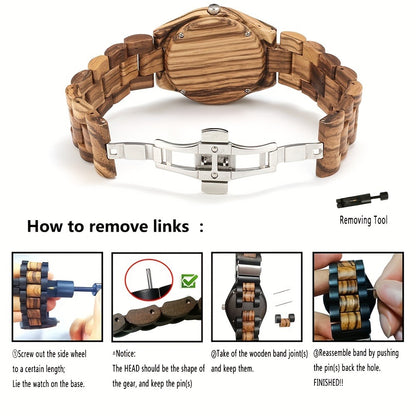 Women's Quartz Watch - 's Wooden Zebra Print Band Golden Tone Dial Rhinestone Accents Movement - product detail view 7