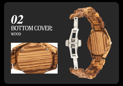 Women's Quartz Watch - 's Wooden Zebra Print Band Golden Tone Dial Rhinestone Accents Movement - product detail view 10