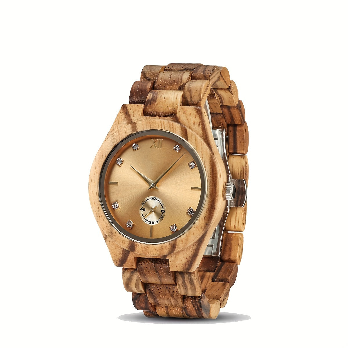 Women's Quartz Watch - 's Wooden Zebra Print Band Golden Tone Dial Rhinestone Accents Movement - product detail view 15