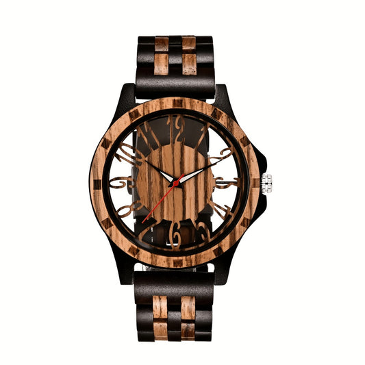 Men's Quartz Watch - 's Wooden with Zebrawood Band & Large Skeleton Dial - Vintage - main product view